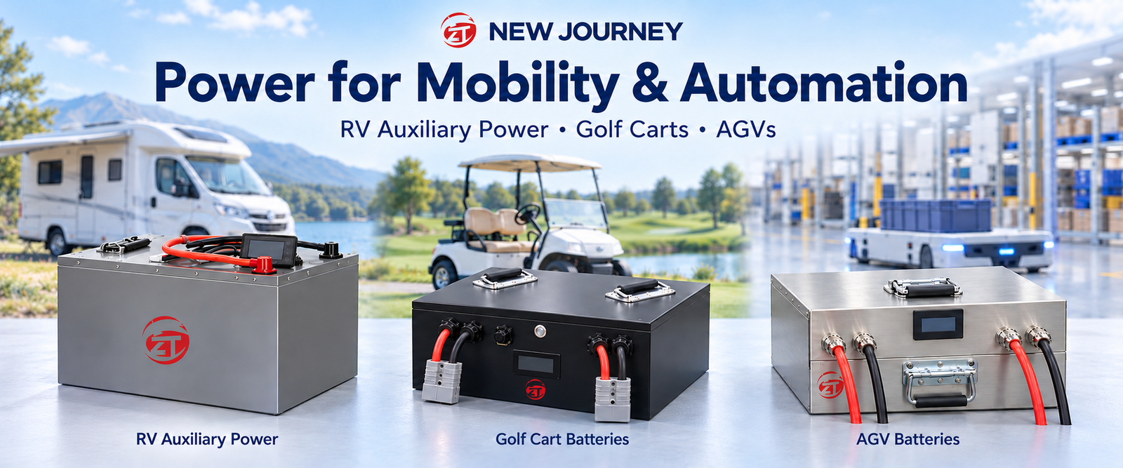Pin phụ trợ cho xe cắm trại (RV), pin xe golf v&agrave; pin AGV được minh họa với c&aacute;c ứng dụng tương ứng.
