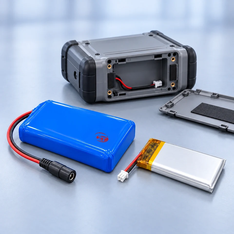 Embedded battery pack and pouch cell beside an open portable instrument battery compartment — application illustration