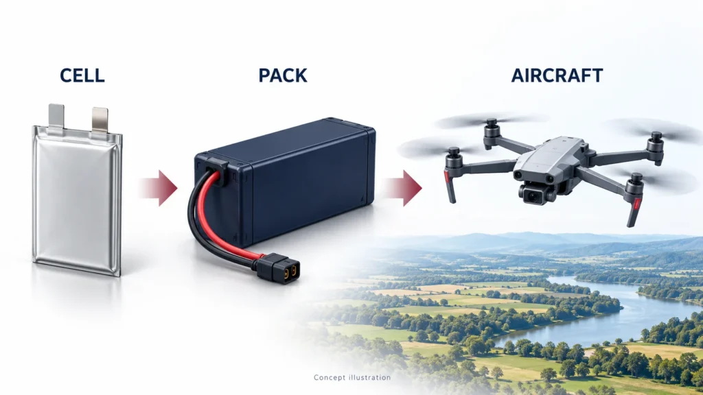 Concept illustration of a battery cell, battery pack and UAV application