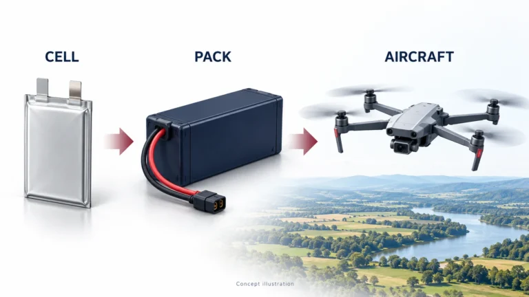 Minh họa khái niệm về cell pin, bộ pin và ứng dụng UAV