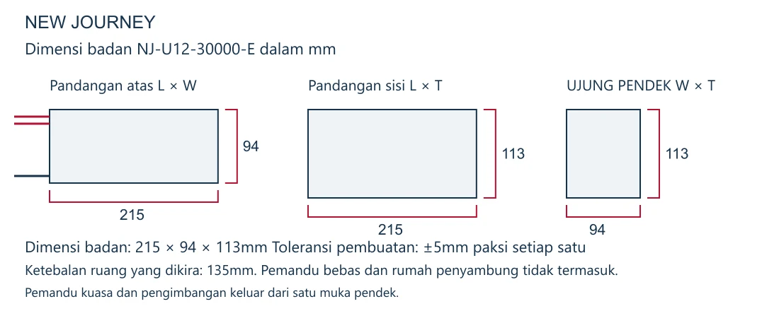 Gambarajah dimensi badan NJ-U12-30000-E menunjukkan panjang 215mm lebar 94mm dan ketebalan 113mm