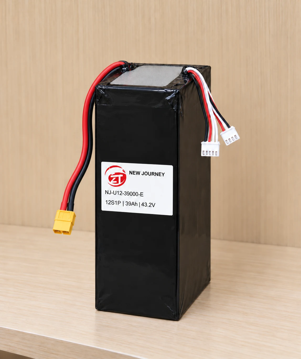 12S 39Ah UAV battery configuration illustration showing the wrapped body and attached leads