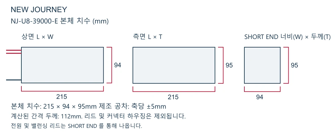 NJ-U8-39000-E 본체 치수 도면 (길이 215mm, 너비 94mm, 두께 95mm)