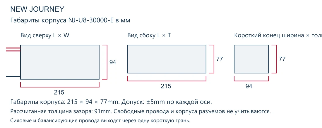Чертеж габаритов корпуса NJ-U8-30000-E, показывающий длину 215mm, ширину 94mm и толщину 77mm