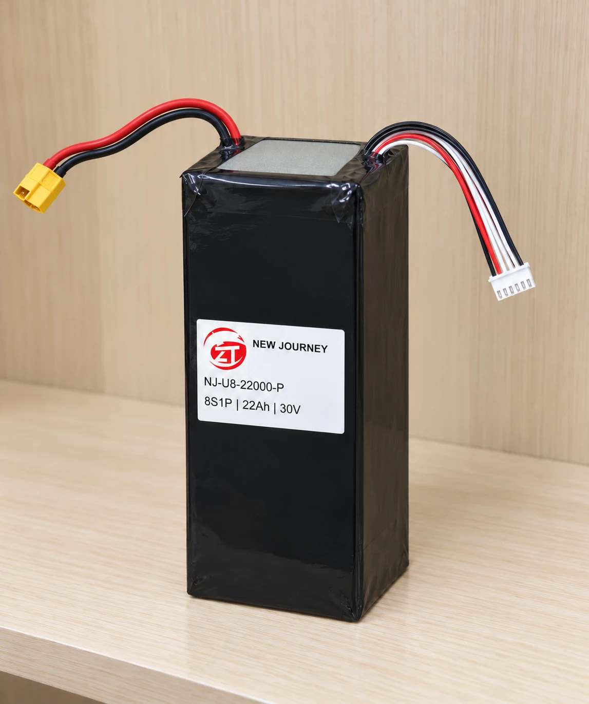 8S 22Ah UAV battery configuration illustration showing the wrapped body and attached leads